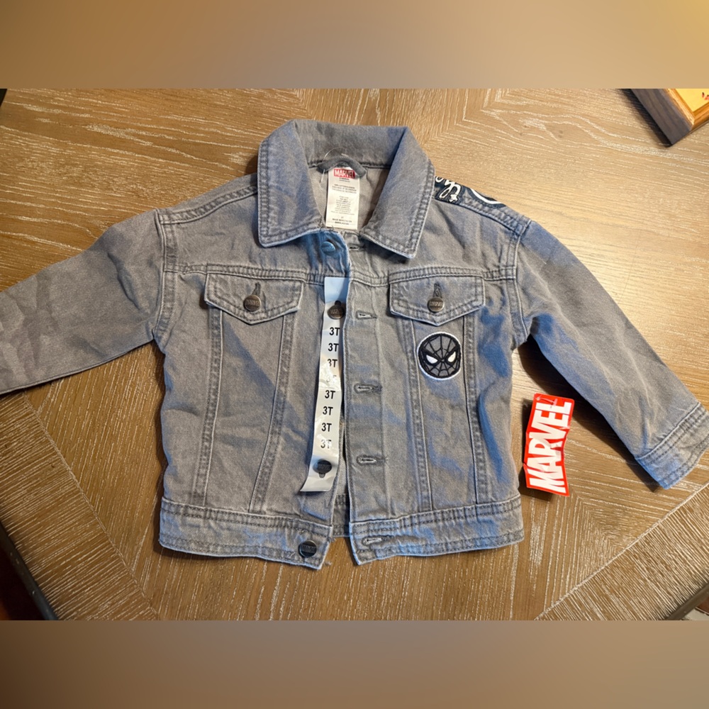 NWT Marvel Spider Man Jean Jacket Gray Denim Coat Logo Print Kids Boys Size 3T - Picture 3 of 4